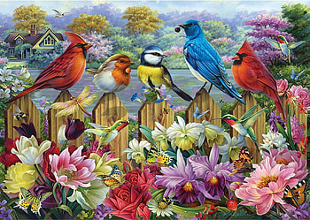 Birds In A Blooming Garden, butterflies, chickadees, painting, blossoms, hummingbirds, fence, flowers, cottage, cardinals HD wallpaper