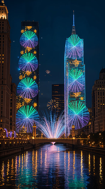 Vertical New Year: Midnight Skyline Fireworks, New Year, fireworks, skyscraper, city skyline, river HD phone wallpaper