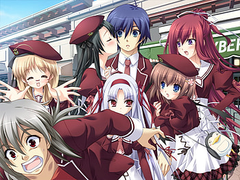 Together in School, yukiko hirohara, kusakabe misuzu, shiori momono, students, gang, anime, kukuri tachibana, takahisa tajima, 11eyes, game, kakeru satsuki, school, happy, kiss, lass, minase yuka HD wallpaper