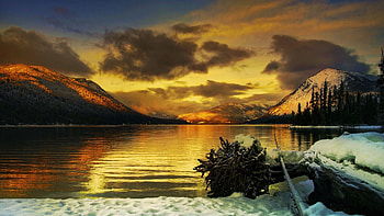Evening Glow, mountains, lake, winter, snow, clouds, sky, tree HD wallpaper