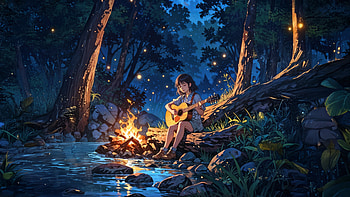 Girl Playing Guitar Melody Of The Night, artist, artwork, art, digital-art, alone, jungle HD wallpaper