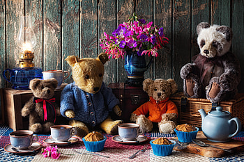 The tea party, Toys, Teddy bears, Cupcakes, Bouquet, Style HD wallpaper