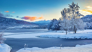 Frozen Lake in Norway, winter, snow, trees, clouds, landscape, sky, sunset, ice HD wallpaper