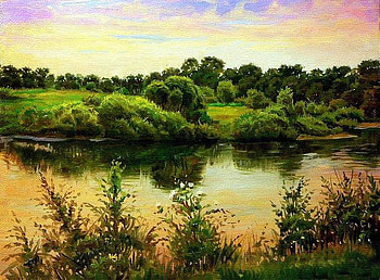 Basil Fil., river, painting, art, basil fil, forest, sunset, tree HD wallpaper