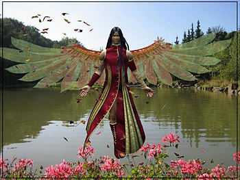 Angel, flowers, water, angel fantasy HD wallpaper