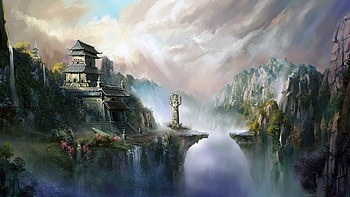 fantasy art, blue sky, clouds, waterfall, pagoda, mountains, statue HD wallpaper
