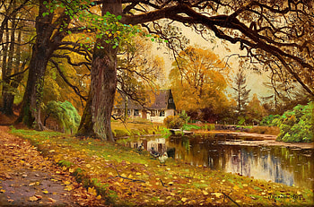 Autumn serenity, art, house, fall, peaceful, serenity, lake, tranquil, painting, reflection, trees, autumn, countryside, pond, foliage HD wallpaper