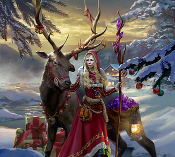 Christmas, winter, craciun, horns, girl, gift, fantasy, reindeer, luminos, lantern, dong zhiwei HD wallpaper