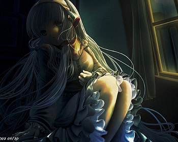 Chii, night, chobits, window, long hair, whit hair, small, dress, nice, anime girl, sad, lovely HD wallpaper