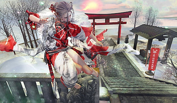 Fantasy girl, white, rendering, kimono, asian, art, temple, girl, woman, fantasy, red, game HD wallpaper