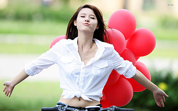 with balloons, balloons, girl, asian, brunette HD wallpaper