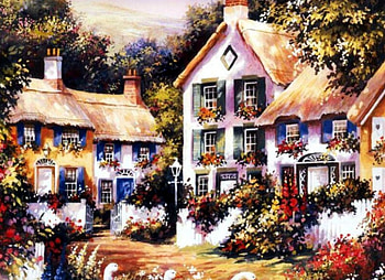 Village in Summer, artwork, path, blossoms, colors, flowers, houses HD wallpaper