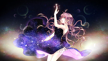 Lovely Girl, black, glow, cute, sparkles, long hair, dress, beauty, lady, female, sweet, magic, girl, beautiful, multicolor, woman, purple, pink, anime, pretty, light, lovely, bubbles HD wallpaper