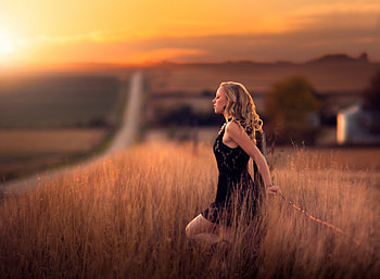 Dreamer, woman, lady, field, clouds, nature, sky, sunset, female HD wallpaper