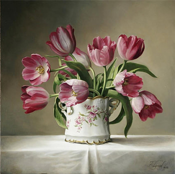 Beautiful Eyes, variegated, pink, white, china vase, painting, table cloth, tulips, wine HD wallpaper