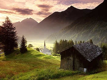 Nature, Houses, Mountains, Village, Meadows HD wallpaper