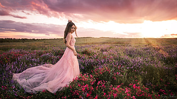 ღ, Field, Brown hair, Girl, Clouds HD wallpaper