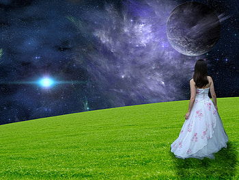 I will love you endlessly..., emotion, galaxy, fantasy, love, grass, woman HD wallpaper