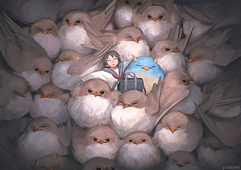 :), arizuka, anime, chicks, cute, girl, pasari, manga, sleep, bird HD wallpaper