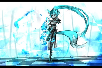 shirogane usagi art, blue, ponytail, blue eyes, animal ears, blue hair, flame, tail HD wallpaper