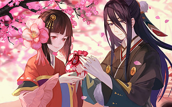 The gift, girl, onmyouji, gift, spring, pink, anime, flower, couple, manga, blossom HD wallpaper