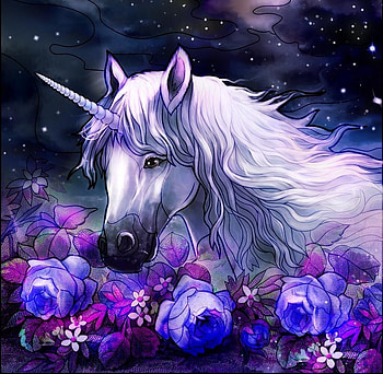Unicorn, blue, rose, white, fantasy, flower, harsh taggar, luminos HD wallpaper