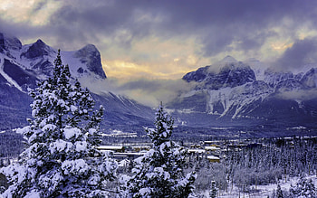 Banff National Park, Alberta, firs, snow, landscape, clouds, sky, mountains HD wallpaper