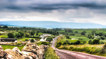 lovely farms on the west coast of ireland r, clouds, fields, farms, road, r, rocks HD wallpaper
