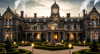 Clockwork Manor at Dusk —, Clock Tower, Mansion, Courtyard HD wallpaper
