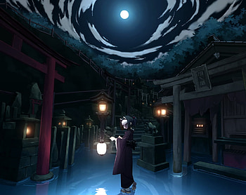 Under the moonlight, japanese clothes, kimono, mask, temple, girl, anime girl, anime, moon, original, clouds, sky, water HD wallpaper