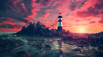 AI Art Lighthouse at Sunset, AI Art, man made, lighthouse HD wallpaper