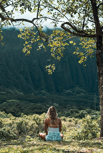 A woman sits in meditation under a tree, overlooking a tranquil mountain valley, embracing nature's calm. HD phone wallpaper