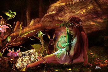 Fantasy bird, bird, pasare, girl, orange, copil, creative, fantasy, green, child, julianez HD wallpaper
