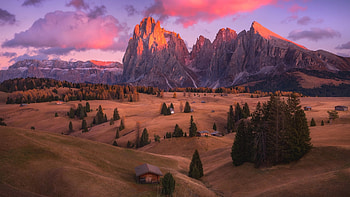 Sunrise in South Tyrol, Italy, house, trees, colors, landscape, clouds, sky, mountains, rocks HD wallpaper