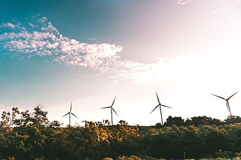 Wind turbines in a lush landscape generating renewable energy under a bright sky. HD wallpaper