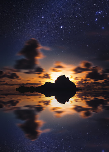 Nature, Sunset, Sea, Stars, Horizon, Starry Sky, Island HD phone wallpaper