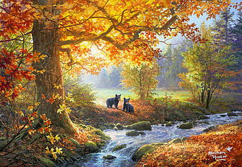 Meadow Beyond the Brook, artwork, bears, painting, trees, autumn, cubs, stones HD wallpaper
