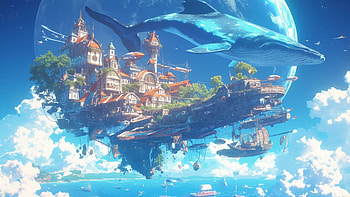 Sky City, city, Anime, whale, sky, futuristic city, Sky Anime, anime city HD wallpaper