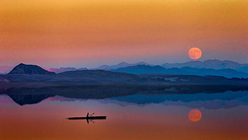Sunset, boat, blue, sea, johannes plenio, relativity, orange, summer, water, vara, silhouette HD wallpaper