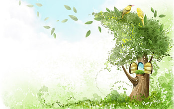 Tree house, wind, bird, art, green, leaf, draw HD wallpaper