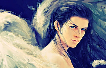 My kind of angel, blue, wings, white, blue eyes, art, angel, wind, feather, fantasy, creature HD wallpaper