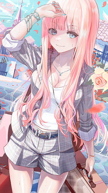 Vibrant Pink-Haired Anime Girl: Stylish Long Locks , pink hair, long hair, Anime, girl, anime girl HD phone wallpaper