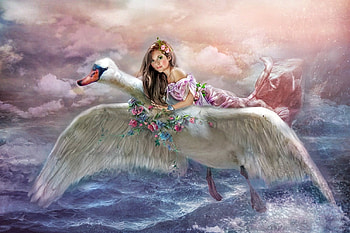 Flight, blue, sea, wings, white, lotta-lotos, bird, pasare, girl, pink, feather, fantasy, flower, swan, luminos, water HD wallpaper