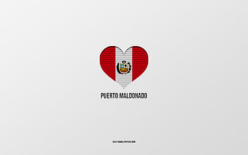 I Love Puerto Maldonado, Peruvian cities, Day of Puerto Maldonado, gray background, Peru, Puerto Maldonado, Peruvian flag heart, favorite cities, Love Puerto Maldonado HD wallpaper