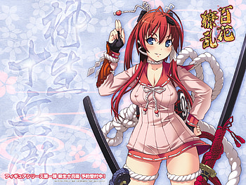 Hyakka Ryouran Samurai Girls, blue eyes, weapon, flowers, pink hair, dress HD wallpaper