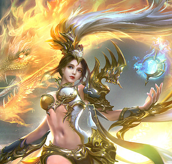 Fantasy girl, rongrong wang, fantasy, yellow, dragon, luminos, girl HD wallpaper
