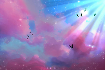 Sky, blue, bird, taozipie, olivia derivas, pink, fantasy, luminos, pasari, cloud HD wallpaper