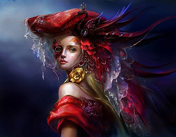 Fantasy girl, blue, rongrong wang, masquerade, mask, art, fantasy, red, girl HD wallpaper