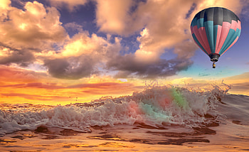 Balloon, Sea, Beach, Sky, Clouds HD wallpaper