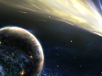 passing comet, planet, lights, debris, comets tail, stars HD wallpaper